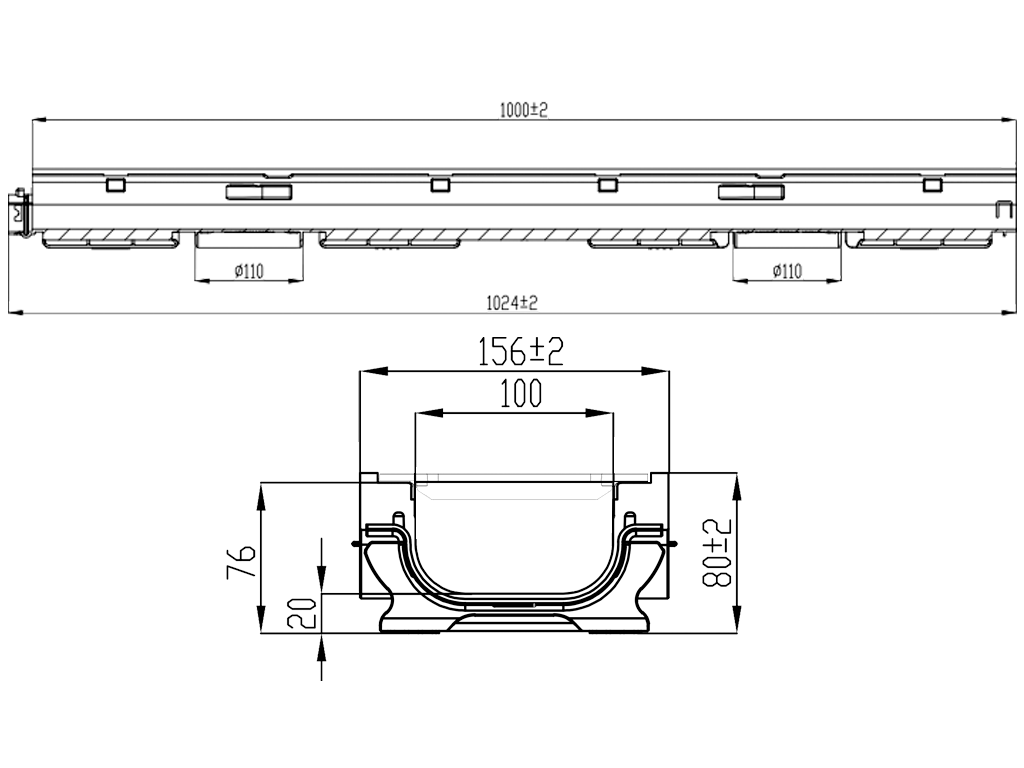 Лоток водоотводный пластиковый BASE DN100 H80 с решеткой чугунной щелевой класс нагрузки C250